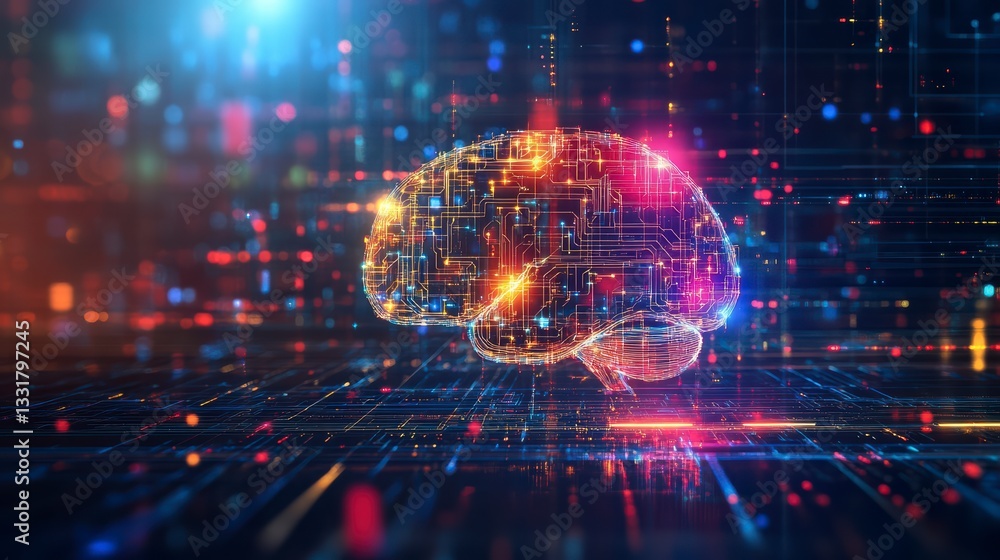 Poster digital brain: a glowing digital brain pulsates with energy within a futuristic digital environment,