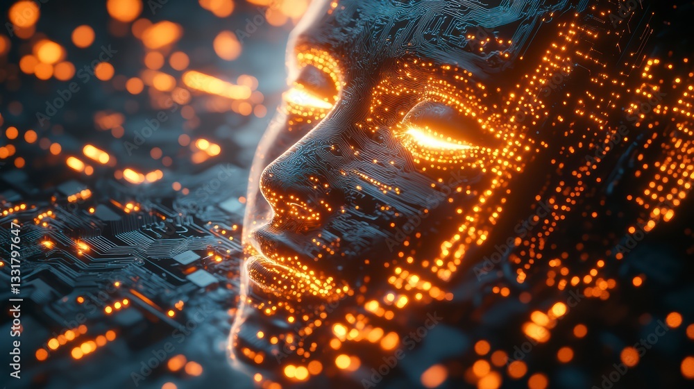 Poster an ai-rendered human face emerges from a mesmerizing matrix of data streams, highlighting the intric