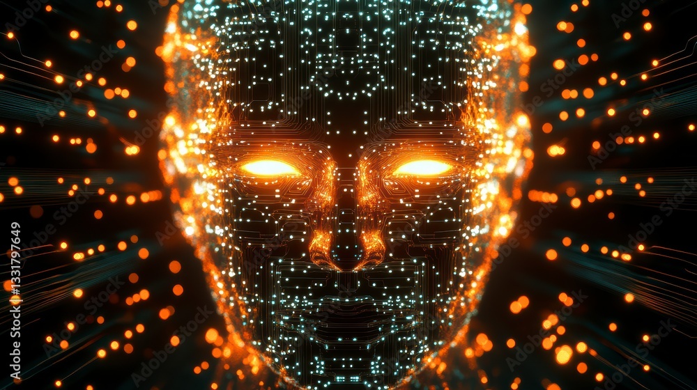 Poster digital avatar: a mesmerizing visualization of a human face composed of interconnected digital parti
