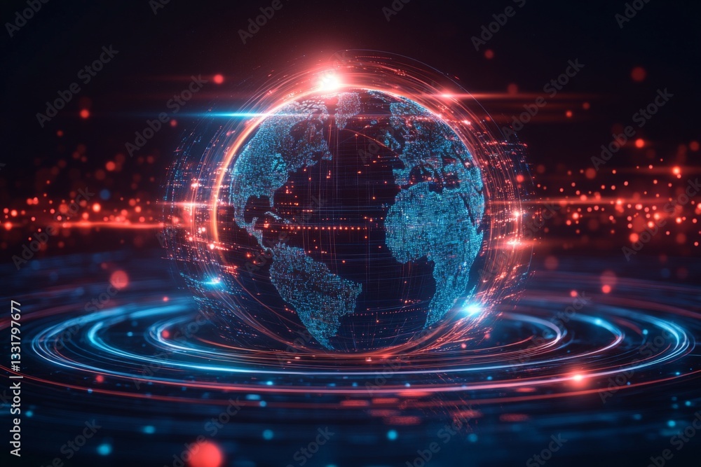 Fototapete digital representation of earth surrounded by glowing data streams and vibrant lights symbolizing gl