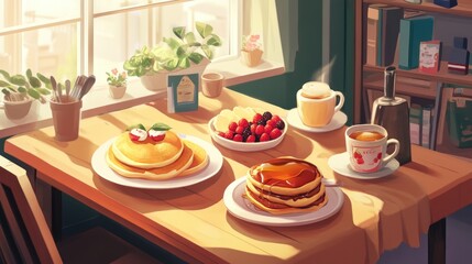 Inviting morning breakfast scene with pancakes, fruits, and warm beverages on a sunlit table near a window