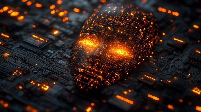 Digital Mask: A futuristic digital representation of a human face, constructed from glowing circuits and intricate technological components.