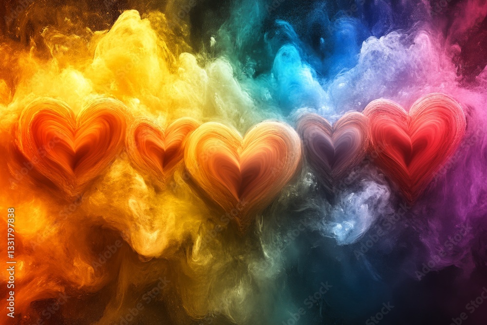 Poster colorful hearts swirl in vibrant smoke, creating a mesmerizing display of love and emotion