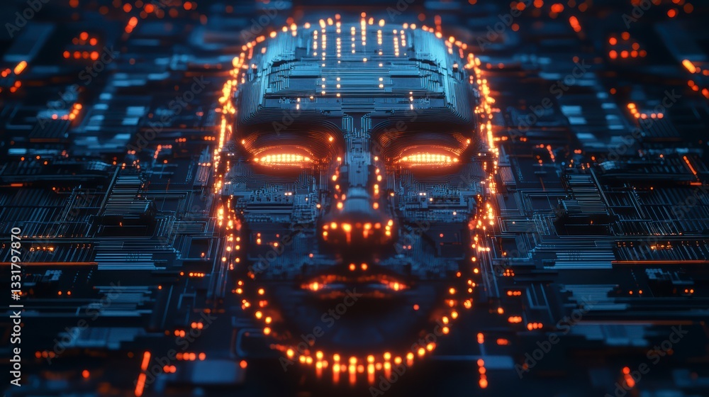 Poster digital human: a stylized digital face formed by intricate circuitry and illuminated nodes, emanatin