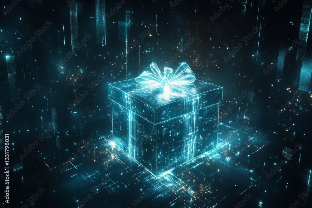 Aufkleber Digital gift box emerging from a holographic background with glowing particles