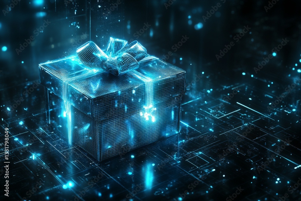 Aufkleber digital gift box glowing in a futuristic setting with sparkling elements and vibrant light effects