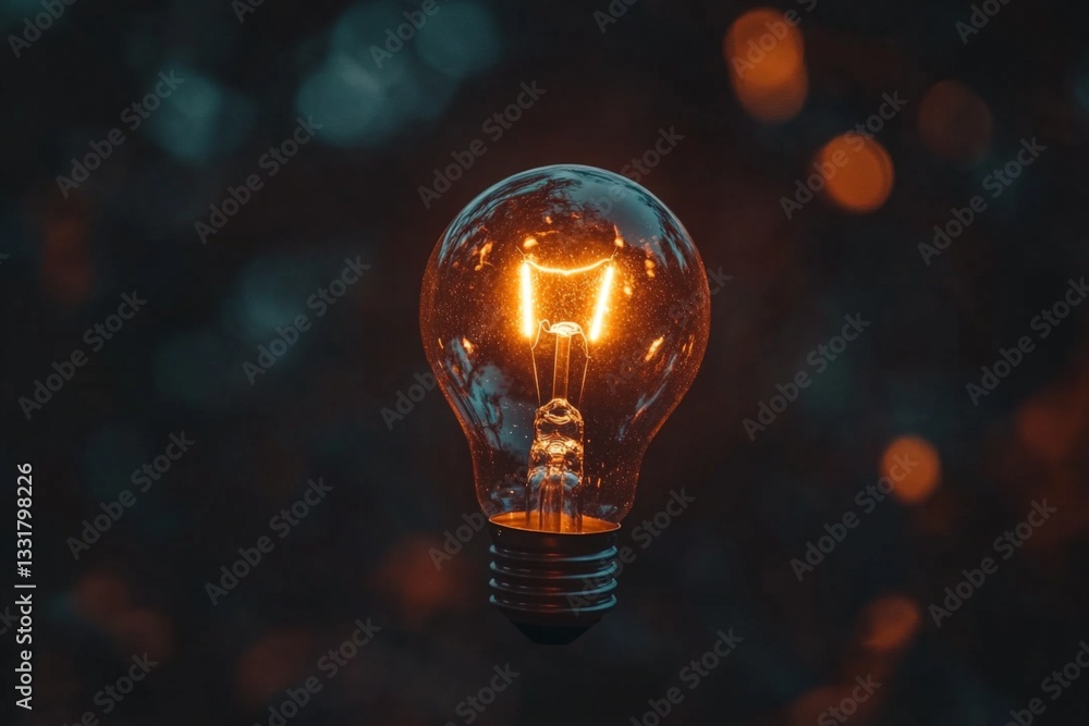 Aufkleber Bright light bulb illuminating the darkness with a warm glow in a rustic outdoor setting during the evening