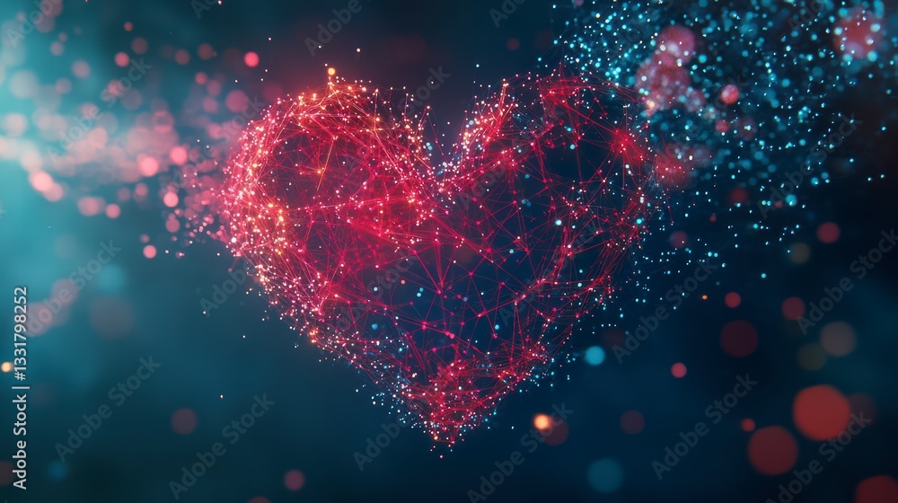 Poster abstract heart: a mesmerizing digital rendering of a heart formed from shimmering particles and inte