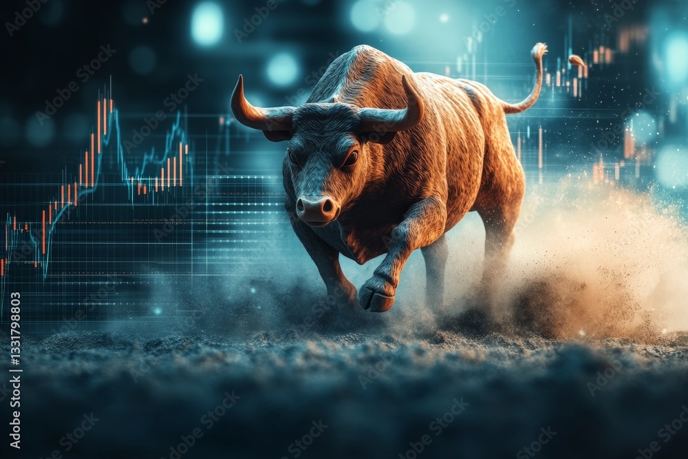 Poster bull running through the dust with stock market graphs in the background highlighting economic growt
