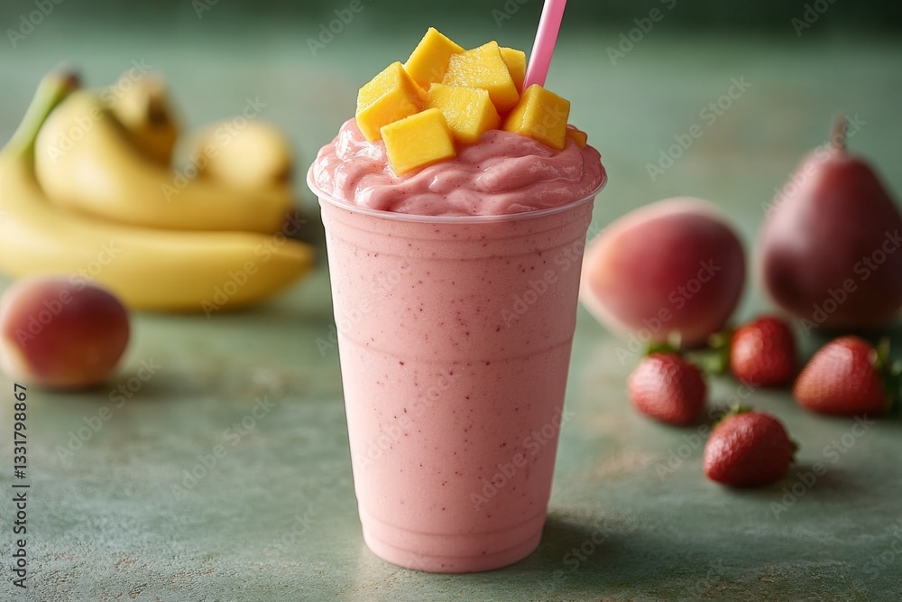 Poster refreshing fruit smoothie topped with mango and surrounded by fresh bananas and strawberries