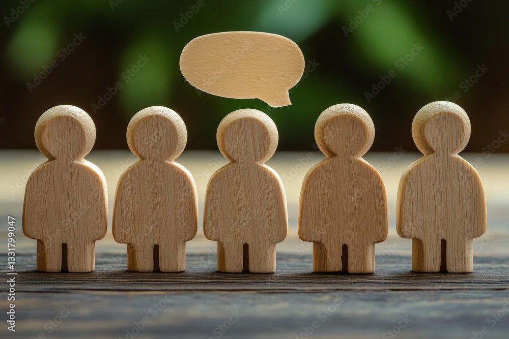 Poster Wooden figures engaging in conversation with speech bubble in a natural setting