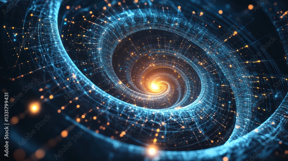 Poster digital vortex: an ethereal swirl of data streams and interconnected nodes, simulating a captivating