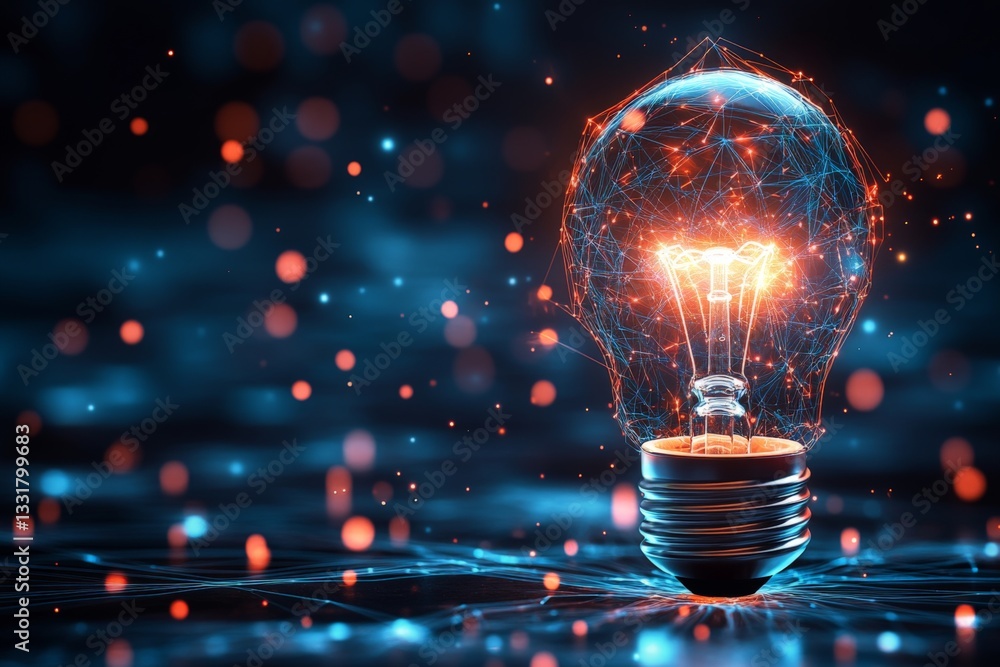 Aufkleber Bright light bulb illuminated with glowing patterns against a dark background creating a futuristic atmosphere