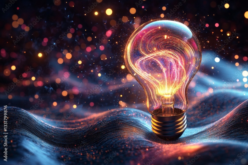 Poster light bulb emitting vibrant energy on a dark, sparkling background during a creative artistic concep