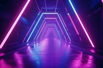 Fototapeta premium Vibrant neon hallway illuminated by blue and pink lights in a futuristic setting at night