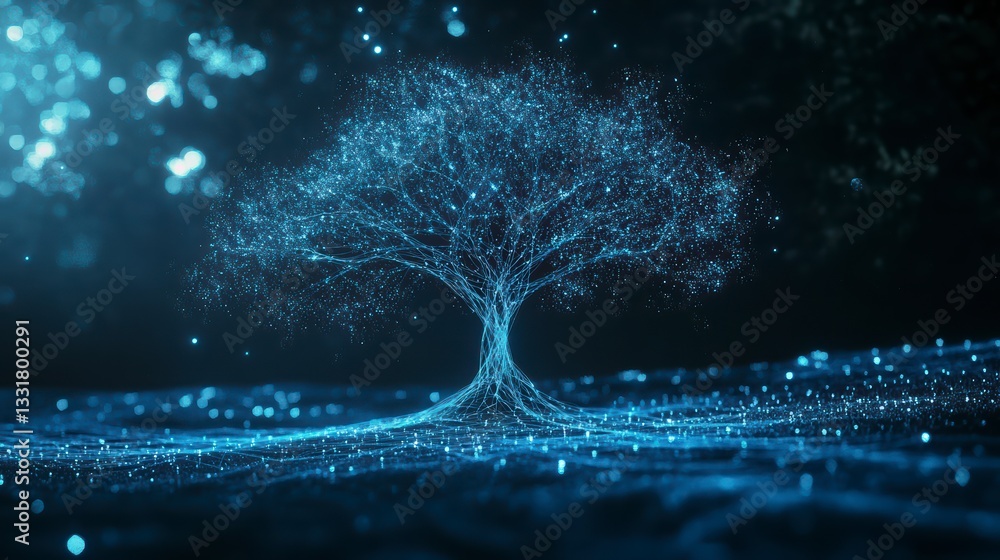 Poster digital luminescence: an ethereal representation of a tree, meticulously crafted with digital points