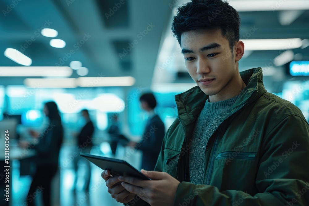 Poster young man using tablet in modern office space with blurred colleagues, focusing on digital tasks, sh
