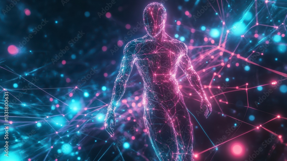 Poster digital human: a striking digital rendering of the human form intertwined with a complex network of 