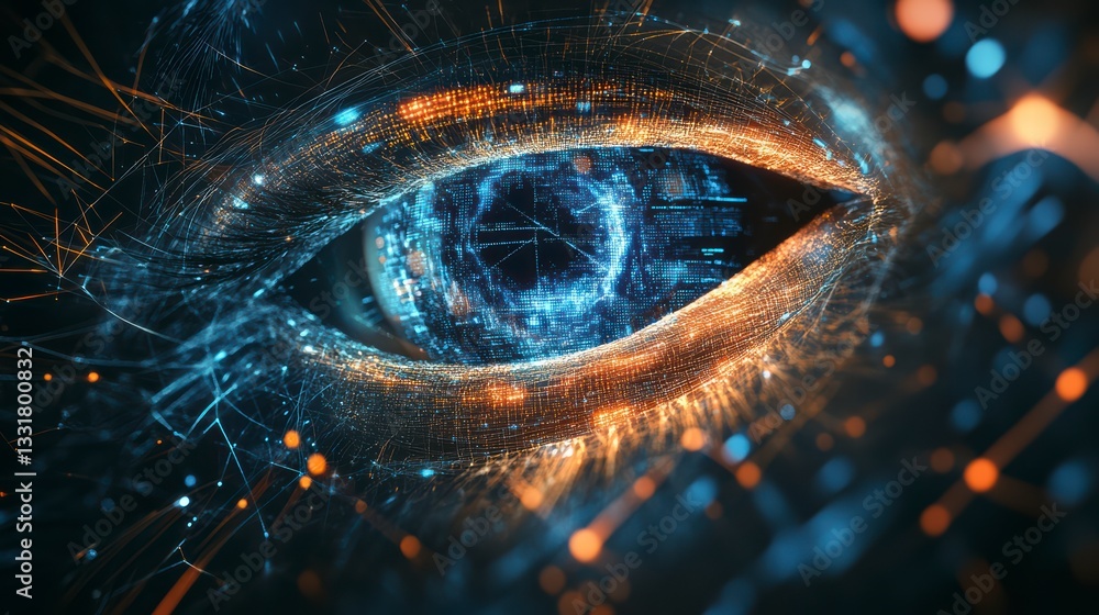 Poster cybernetic eye: an intricate and mesmerizing digital rendering of an eye, featuring glowing circuits
