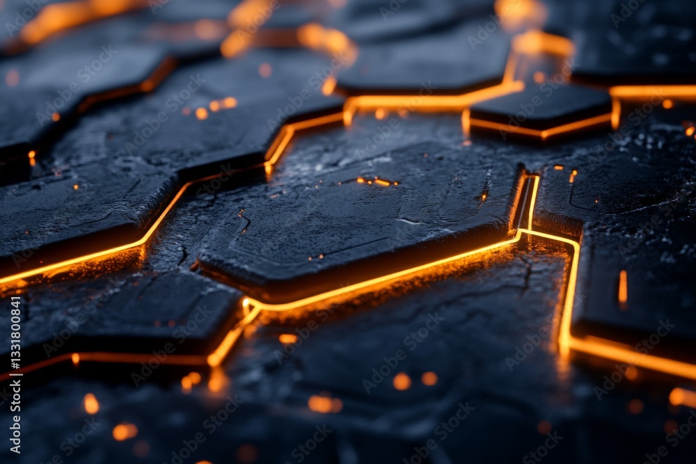 Aufkleber Geometric patterns illuminated with orange light on a dark surface create a futuristic atmosphere