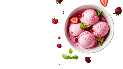 Indulge in a refreshing bowl of vibrant raspberry ice cream garnished with fresh berries and mint leaves