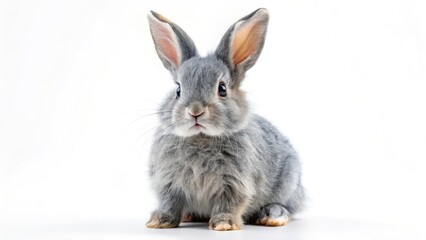 Naklejka premium Adorable Gray Bunny, Cute Rabbit Poses, White Background, Fluffy Pet Photography, Young Rabbit Photo