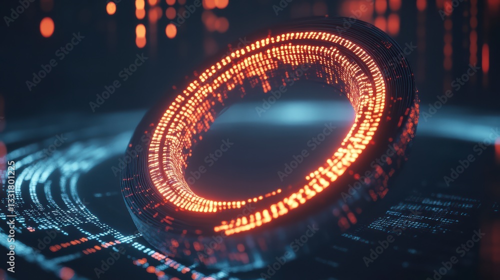 Poster digital ring in abstract space: a glowing digital ring floats within an abstract, futuristic space, 