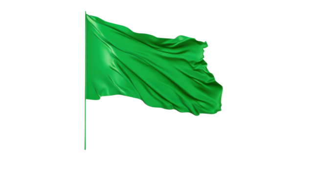 Green flag waving in the wind, symbolizing various meanings including safety, approval, and outdoor activities in a clear sky