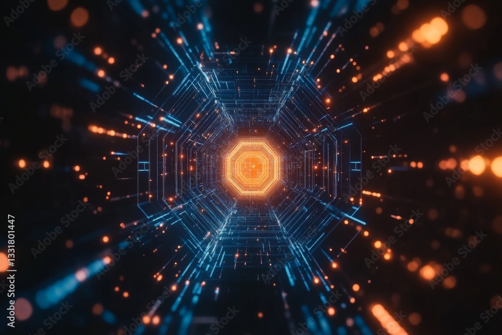 Poster Futuristic tunnel with glowing hexagonal structure and vibrant particles in motion