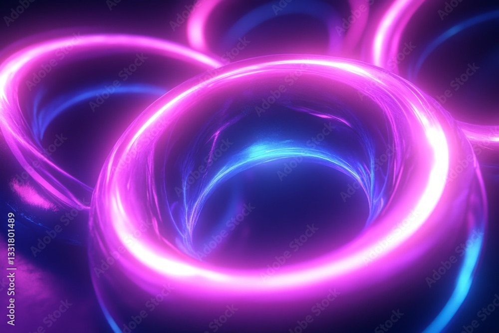 Poster Vibrant neon rings create a mesmerizing visual display in a dark backdrop illuminated by glowing colors