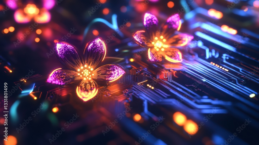Poster blooming tech fusion: the intricate dance of nature and technology, vibrant flowers bloom amidst cir