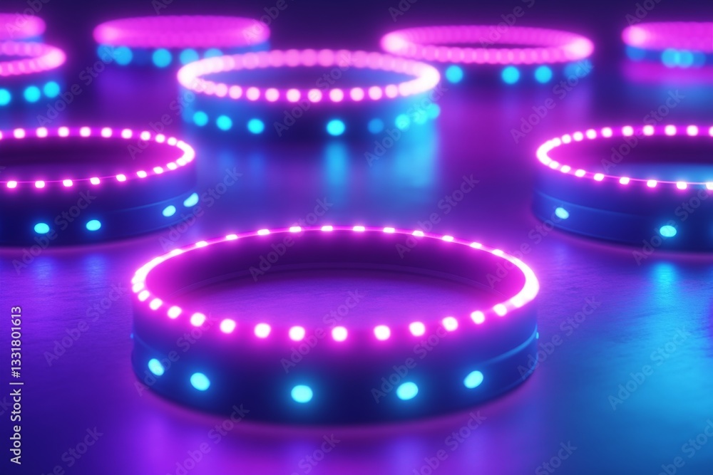 Poster led light rings create a vibrant atmosphere for a contemporary event in an urban setting