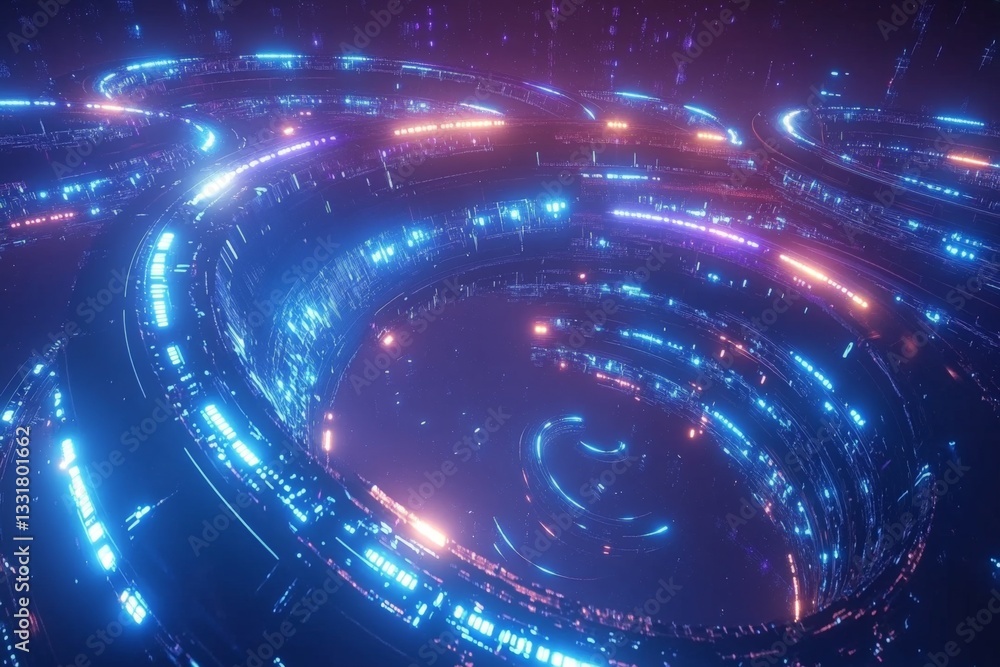 Poster digital spiral of glowing neon lights creating a futuristic atmosphere in a virtual environment