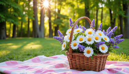 Spring floral decorations in a wicker basket filled with daisies and purple flowers, placed on a blanket in a sunlit garden with copy space