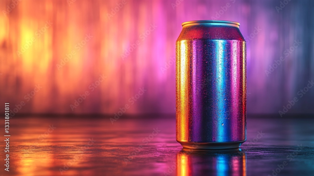 Poster A beverage can stands alone on a reflective surface, illuminated by colorful lights that create a lively atmosphere in the background. Perfect for a party setting.