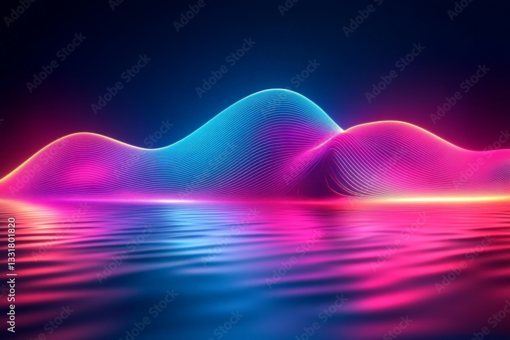 Poster colorful waves of light reflect on a calm surface at night with vibrant hues creating a mesmerizing 