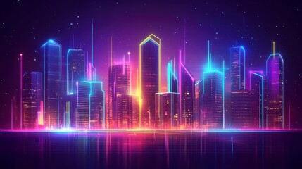 Fototapeta premium Neon Cityscape: An illustration of a futuristic cityscape, bathed in neon lights with an exciting array of vibrant colors. 