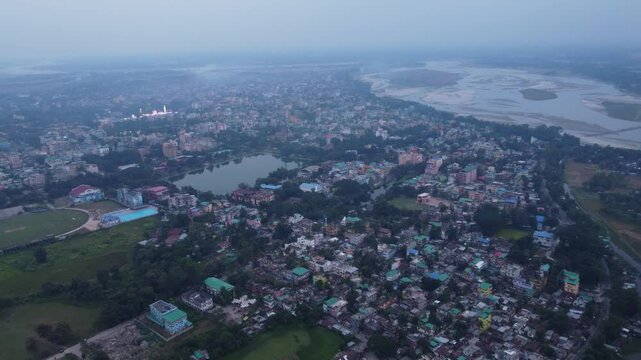 Coochbehar city alongside Torsa river, Drone shot