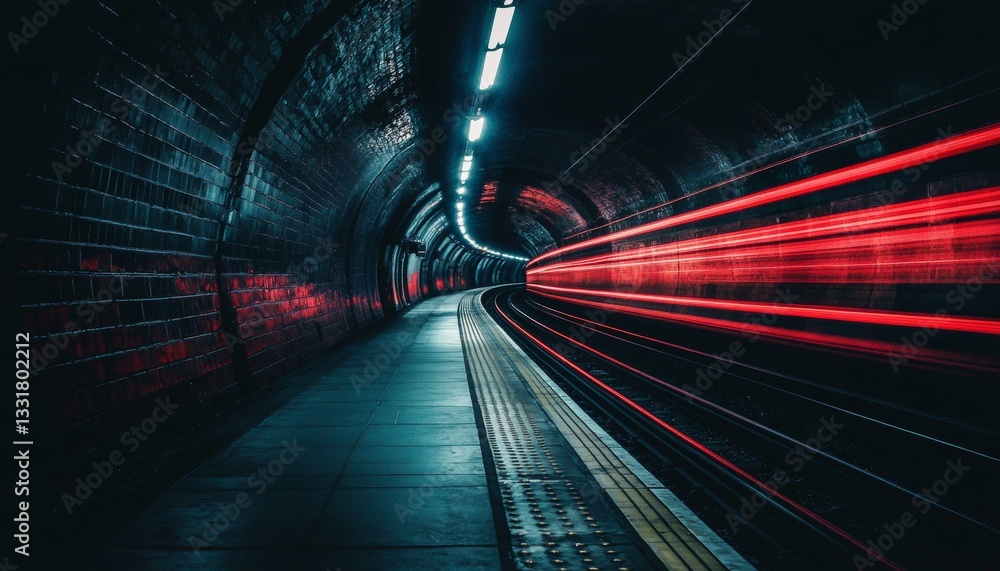 Poster empty subway platform with red light trails from a passing train, illuminated by overhead lights