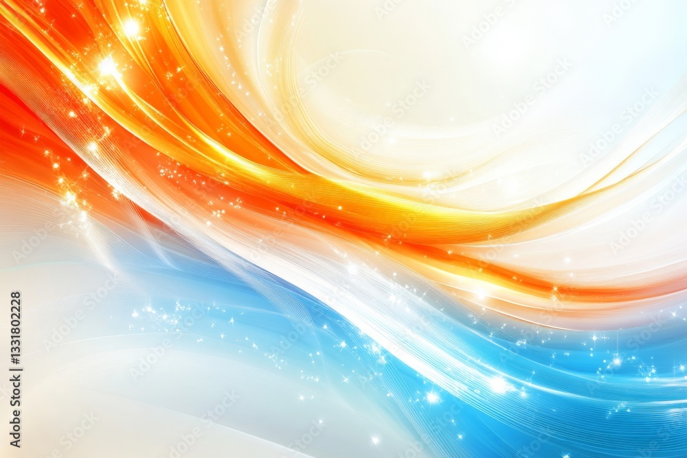 Poster vibrant swirling colors create a dynamic background with orange and blue hues reflecting light