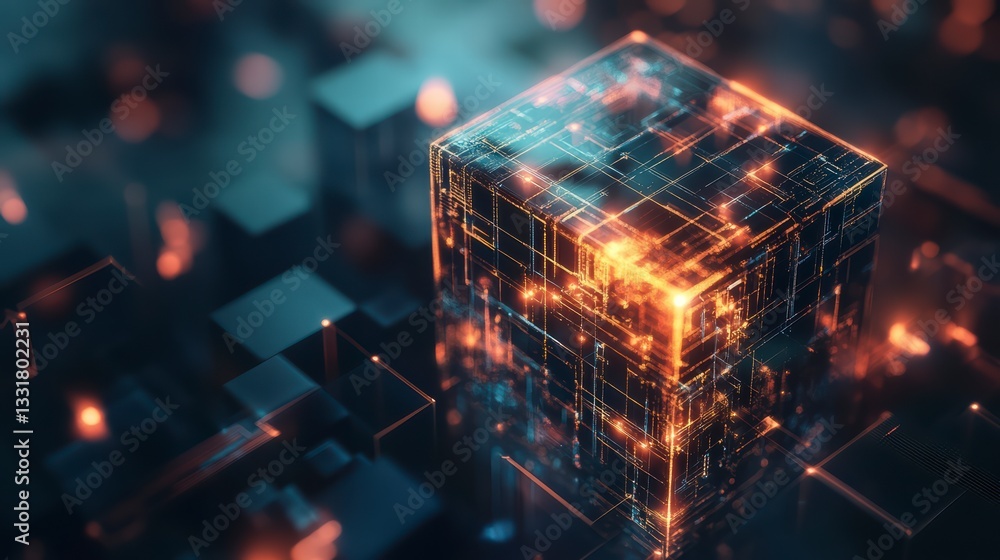 Poster digital cube of innovation: a captivating visualization of a digital cube, its surface intricately a