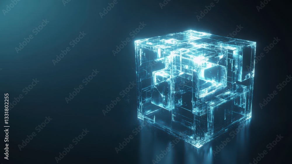 Poster mysterious cube: a captivating 3d rendering of a glowing, transparent cube emanating an ethereal, fu