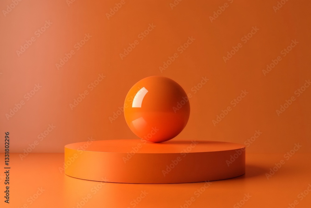 Leinwandbilder Bright orange sphere balances on circular platform in minimalist setting with soft lighting