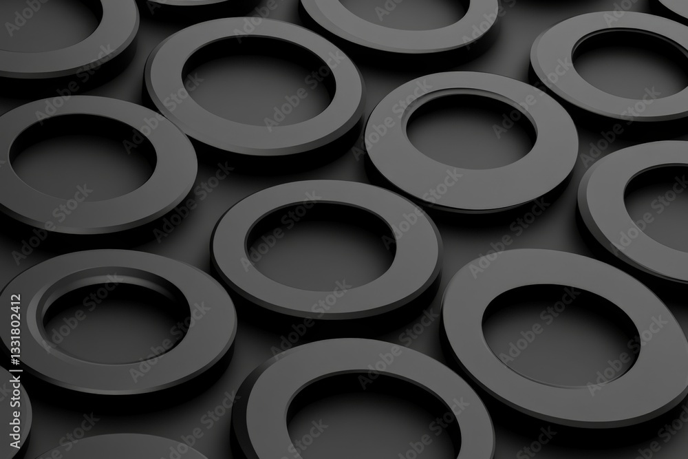 Fototapete Black circular objects arranged in a geometric pattern on a dark surface create a modern design aesthetic