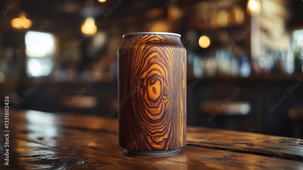 Fototapete a distinctively designed can made to resemble wood stands prominently on a weathered bar table, surr