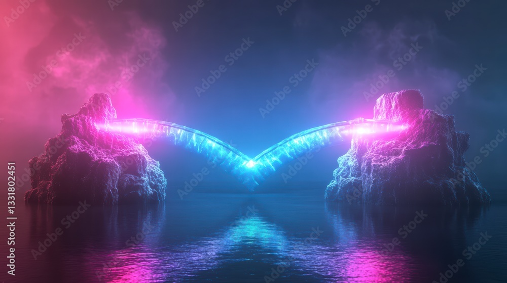 Poster abstract bridge of light: two rock formations are connected by an ethereal bridge of vibrant light, 
