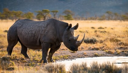 Obraz premium An imposing black rhino, with its thick, rough skin, deliberately roams the savanna-like edges of the taiga, a striking and unusual presence in this unique landscape.