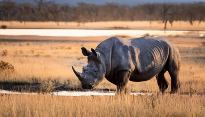 Obraz premium An imposing black rhino, with its thick, rough skin, deliberately roams the savanna-like edges of the taiga, a striking and unusual presence in this unique landscape.