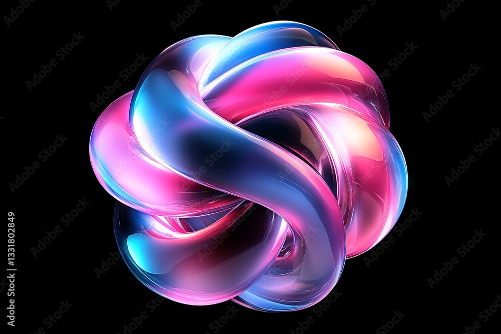 Poster colorful abstract twisted shape with glossy surfaces illuminated in pink and blue against a black ba