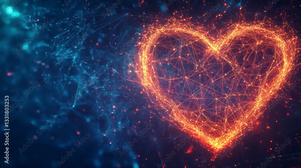 Poster digital heart of innovation: a vibrant digital representation of a heart, glowing with intricate lin
